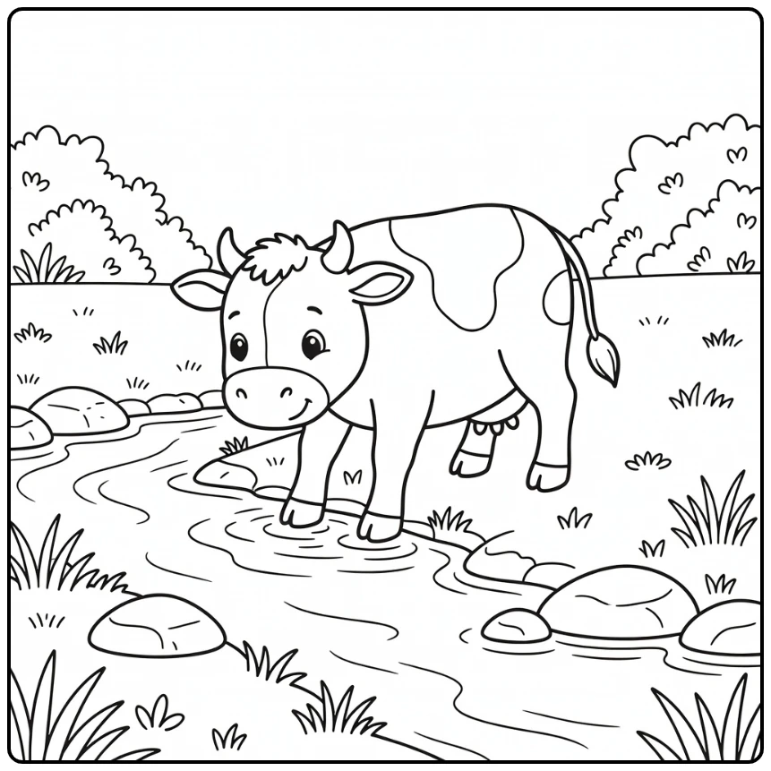 Gentle cow stepping hoof into stream ripples cow coloring pages