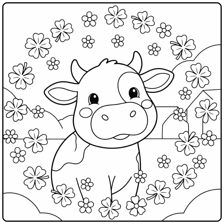 Cow face coloring pages: cute curious cow with clovers