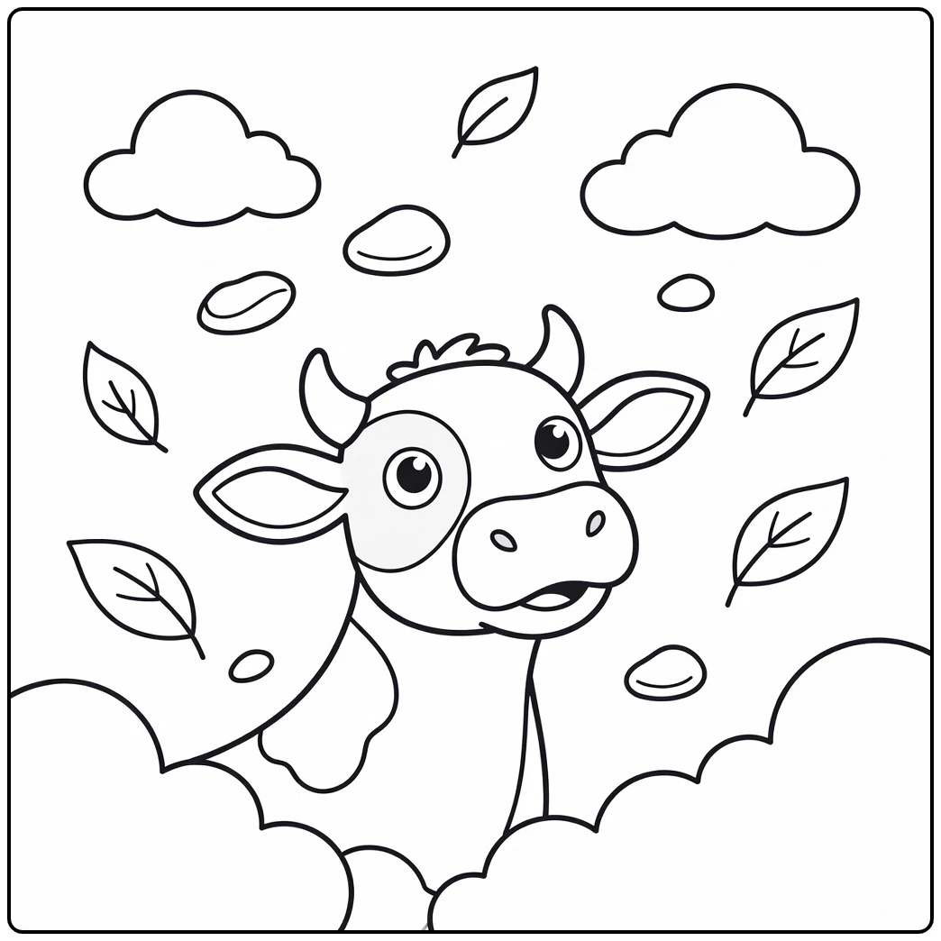Cow face coloring pages: curious cow eyes up with leaves clouds