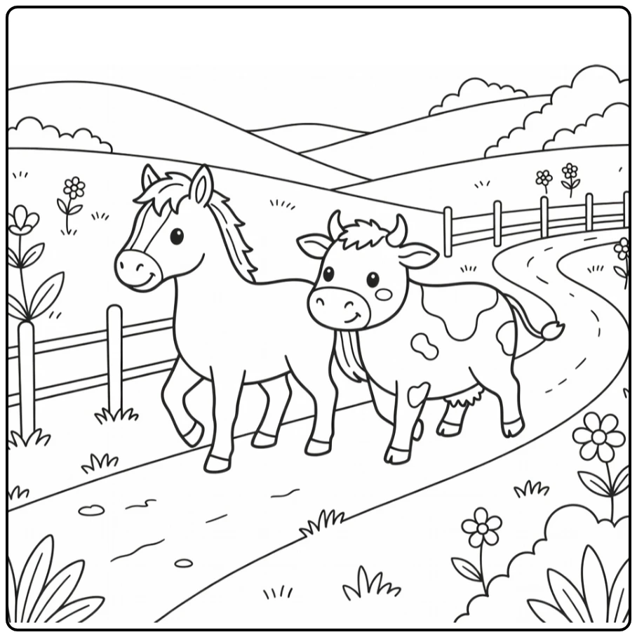 Horse leads cow on dirt path horse and cow coloring pages