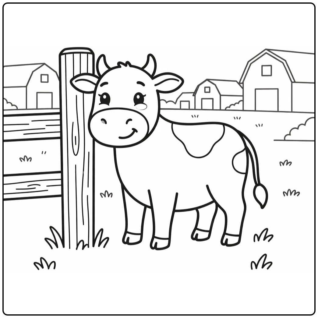 Relaxed cow scratching side on fence post, cow coloring pages