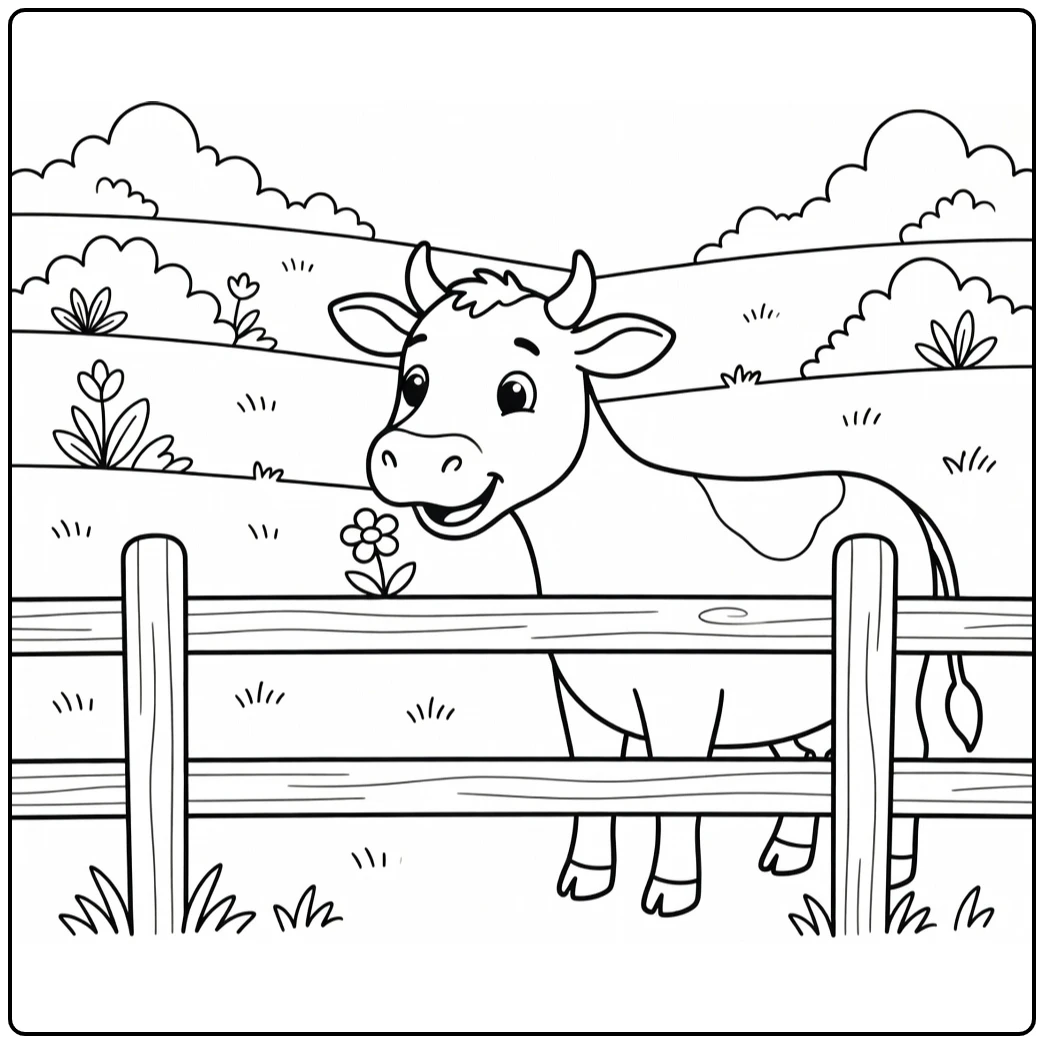 Curious cow sniffing flower over fence cow coloring pages