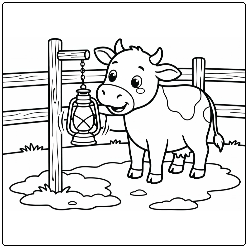 Curious cow taps swinging lantern nose-first, cow coloring pages