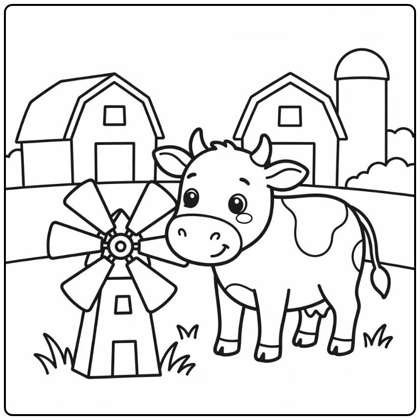 Curious cow nudging windmill toy, cow coloring pages