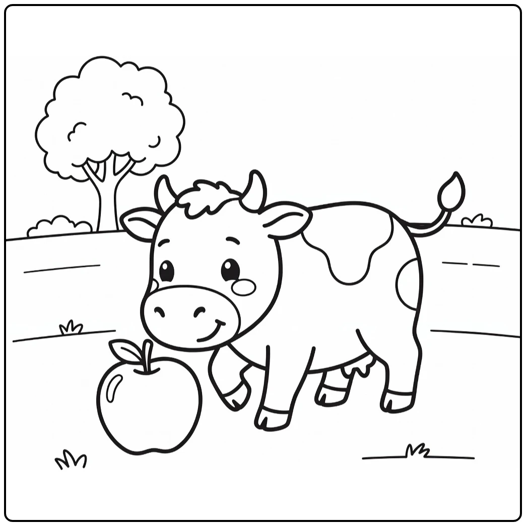 Playful cow rolling apple with nose, cow coloring pages (58 chars)