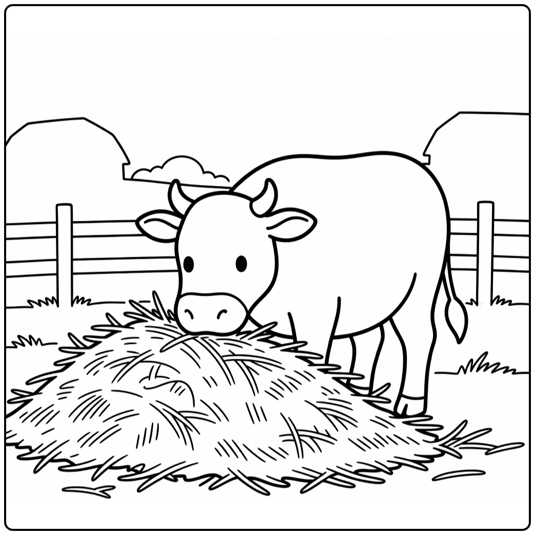 Calm cow nudging hay pile, cow coloring pages printable