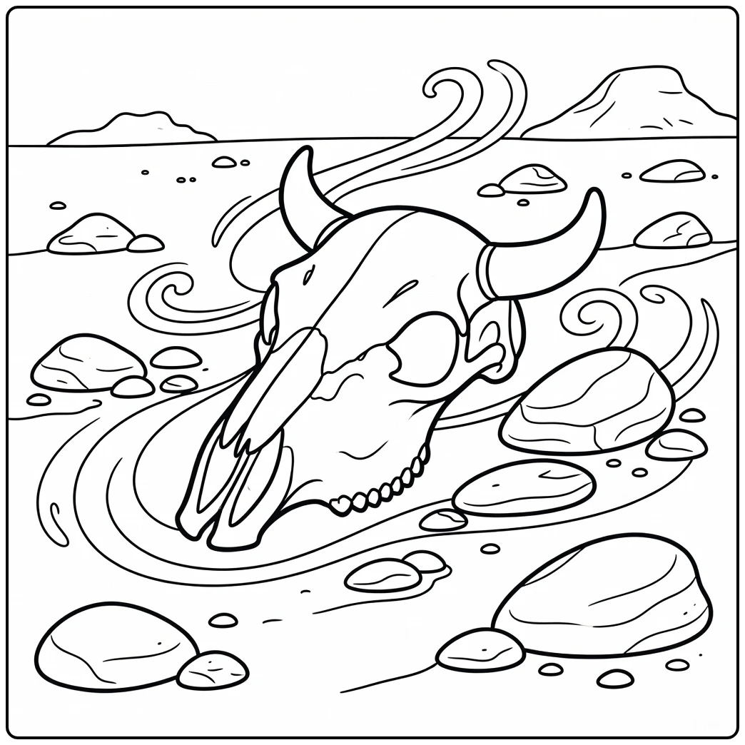 Cow skull coloring pages: cute cartoon with winds & stones