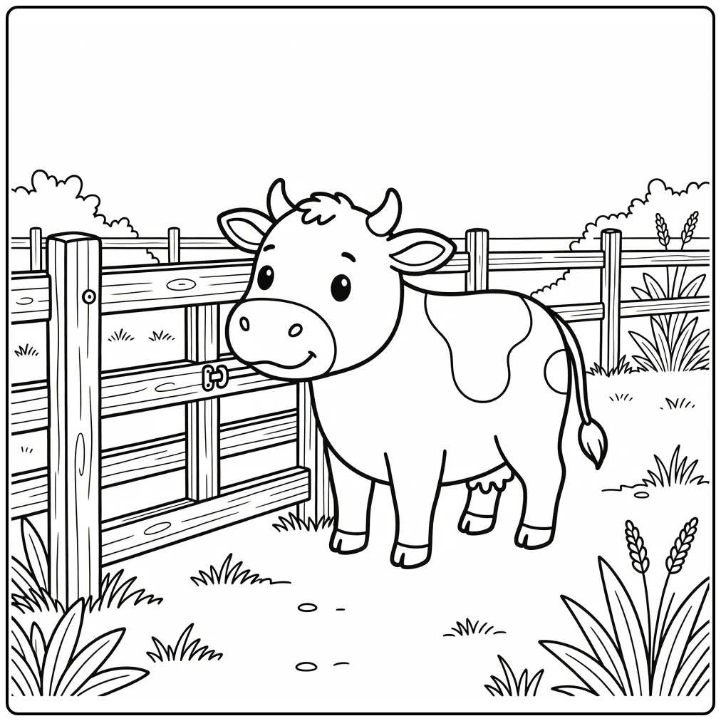 Curious cow nosing rustic gate latch, cow coloring pages for adults