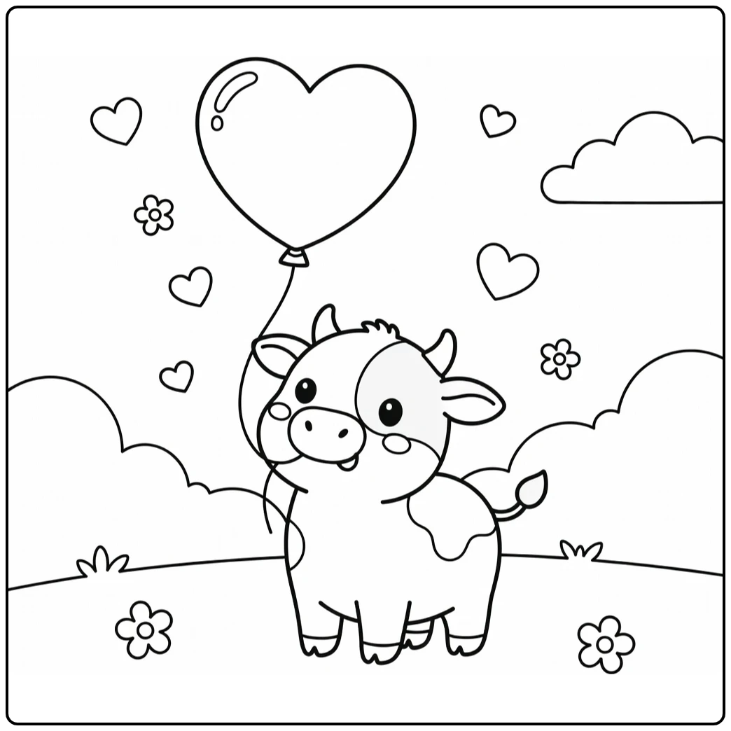 Cow valentines coloring pages: shy cow with heart balloon