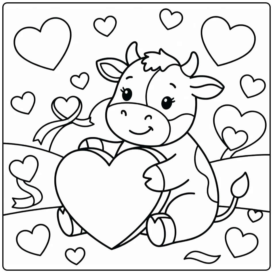 Cow valentines coloring pages: cow holding heart box