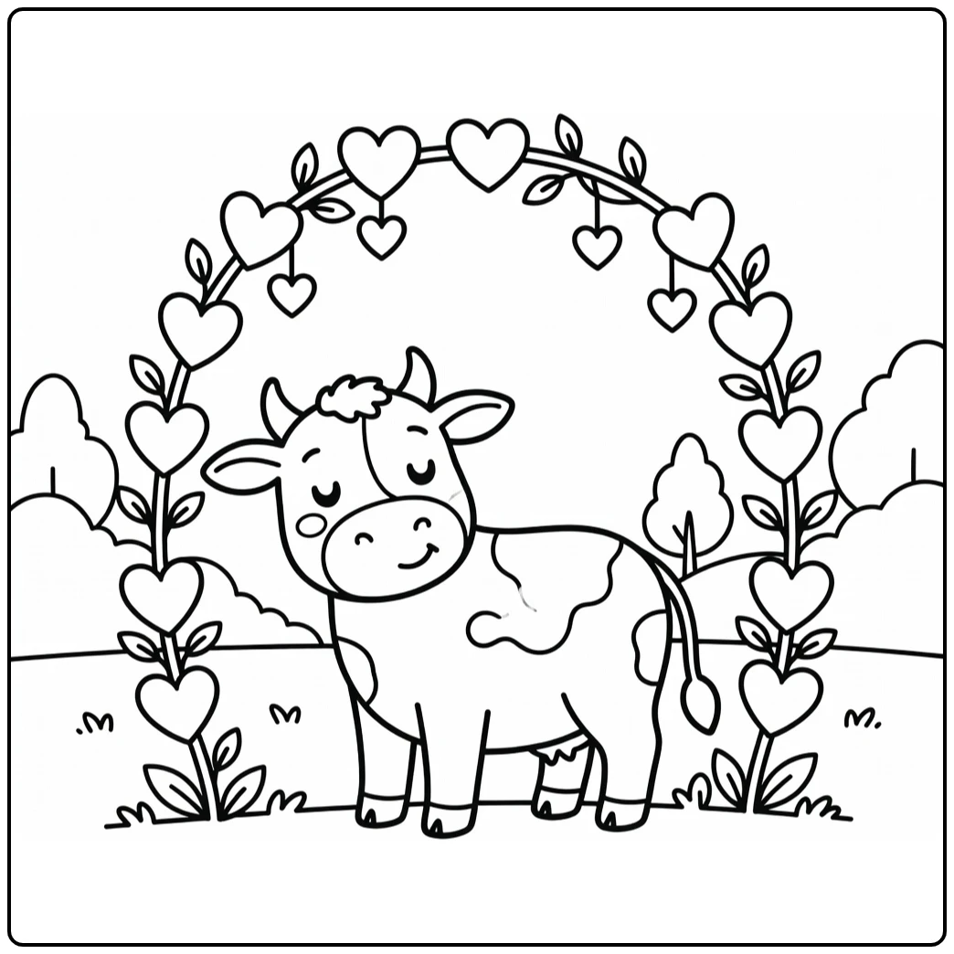 Cow valentines coloring pages: cow leaning on heart vine arch