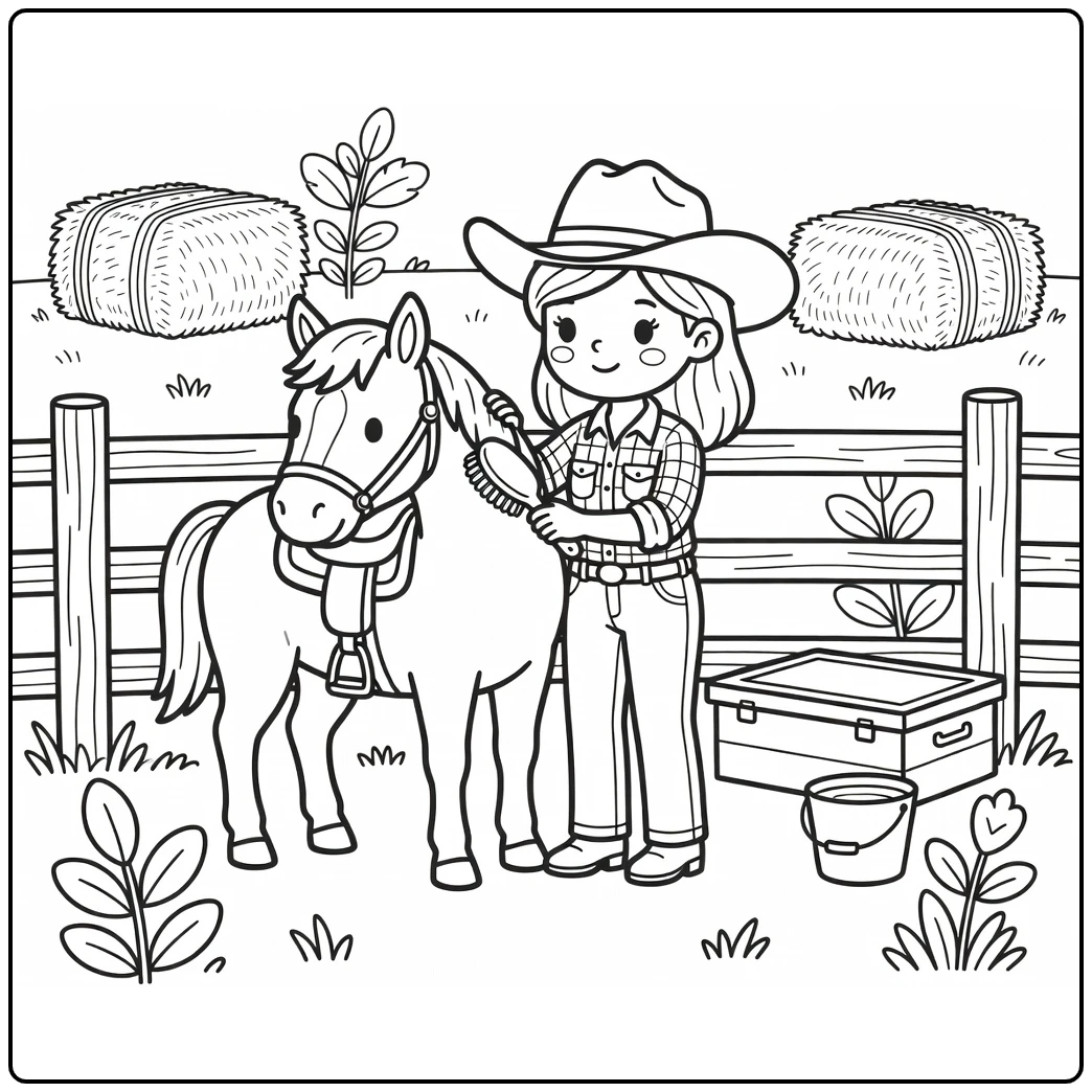 cowgirl and horse coloring page with ranch grooming