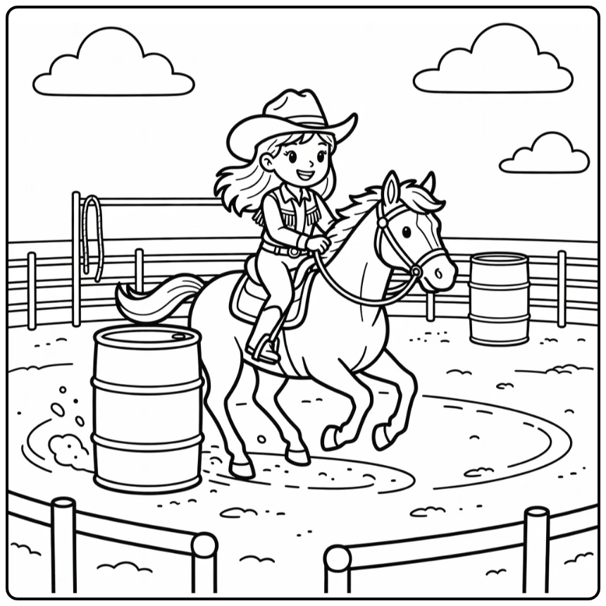 cowgirl and horse coloring page barrel racing arena action