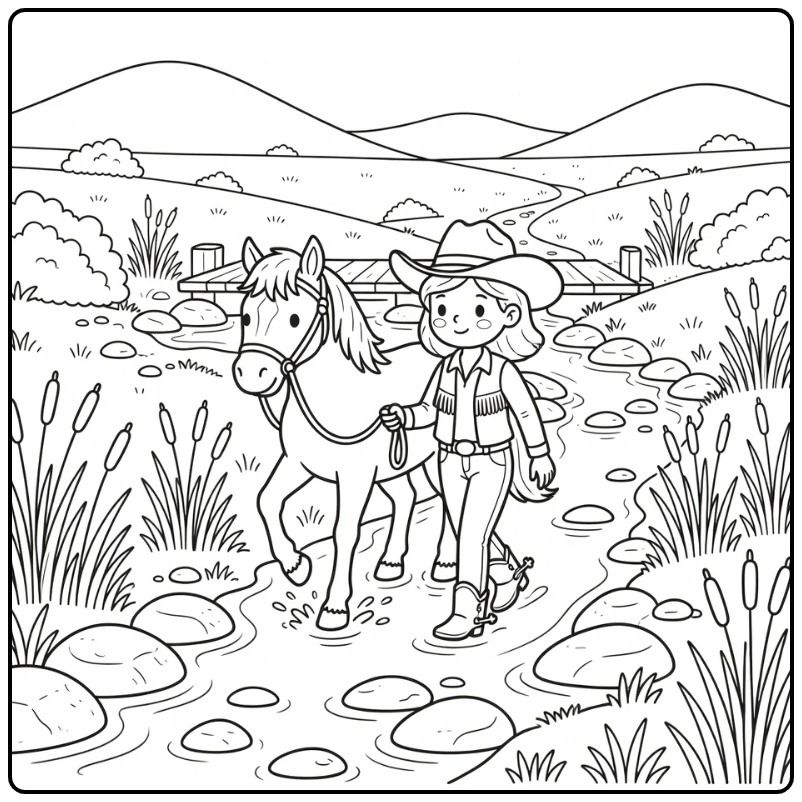 Cowgirl and horse coloring page crossing a shallow creek