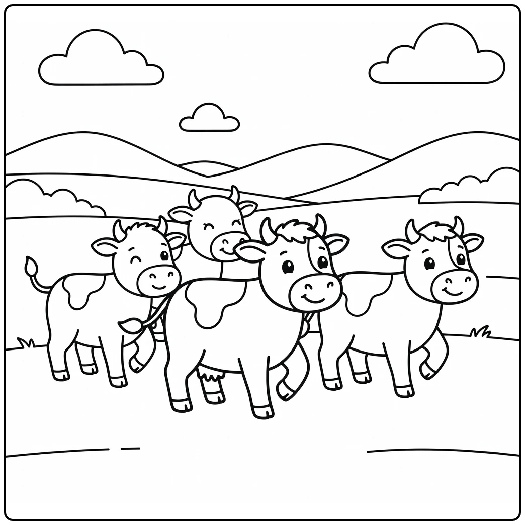 Playful cows herd crossing field, cows coloring pages