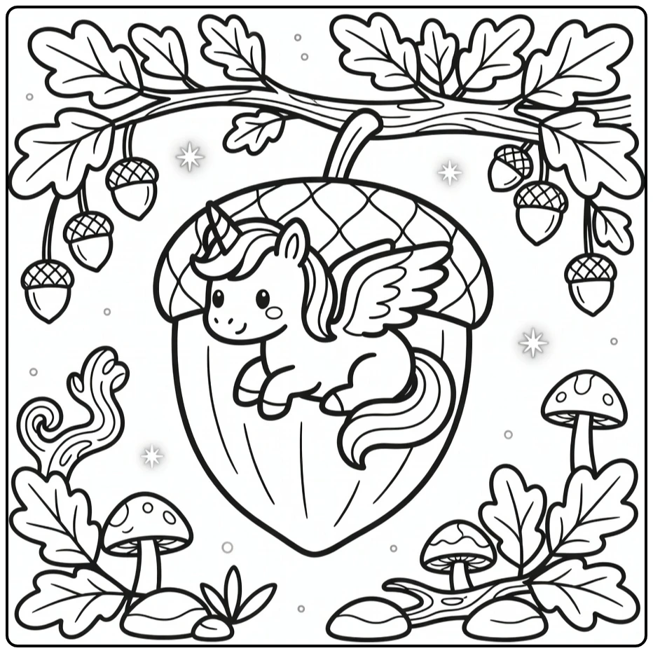 Alicorn coloring page: winged unicorn in acorn cap cradle