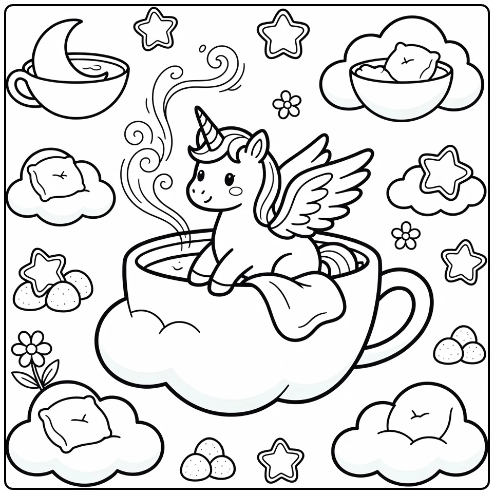Alicorn coloring page: winged unicorn in teacup cloud tea party