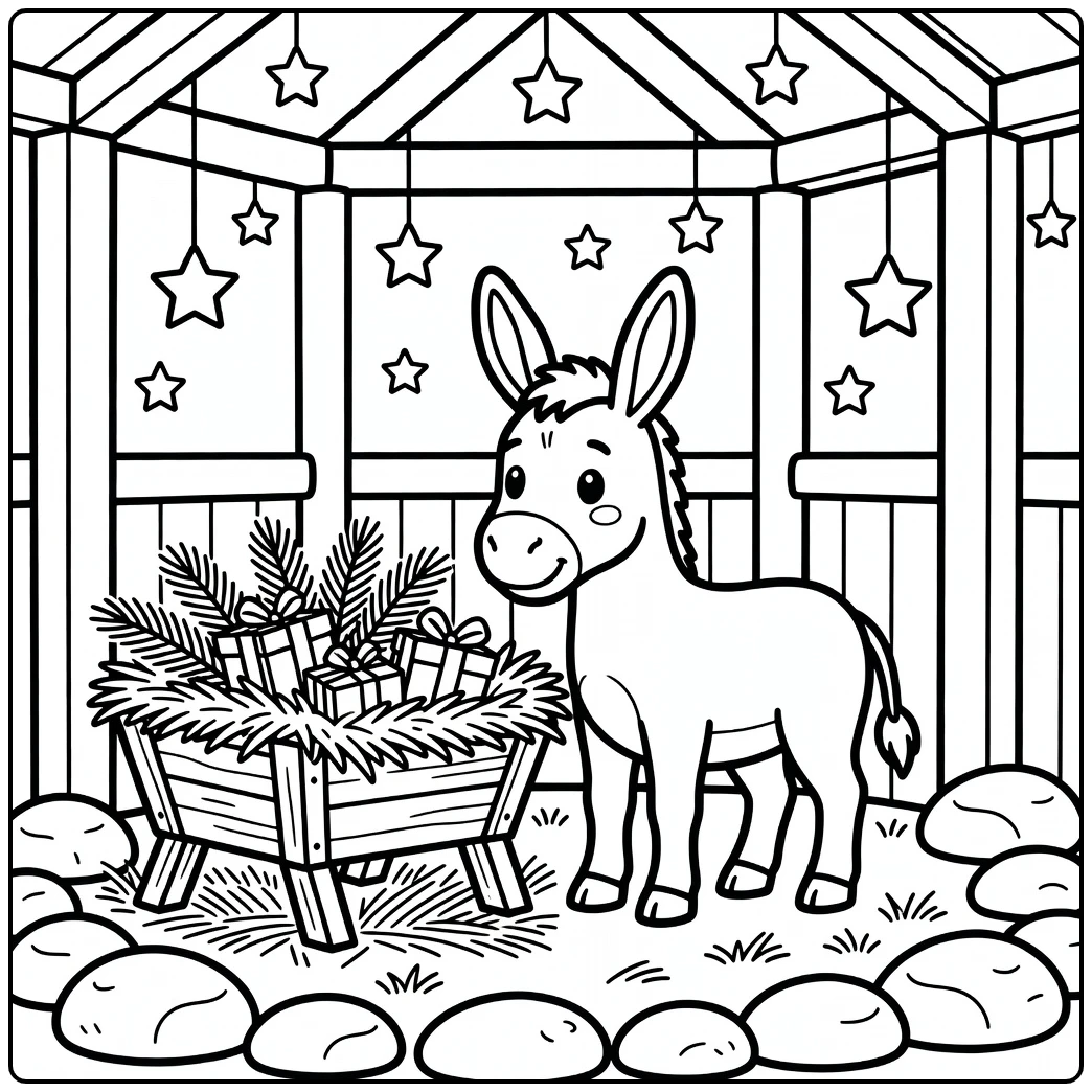 Donkey at festive manger christmas animal coloring page