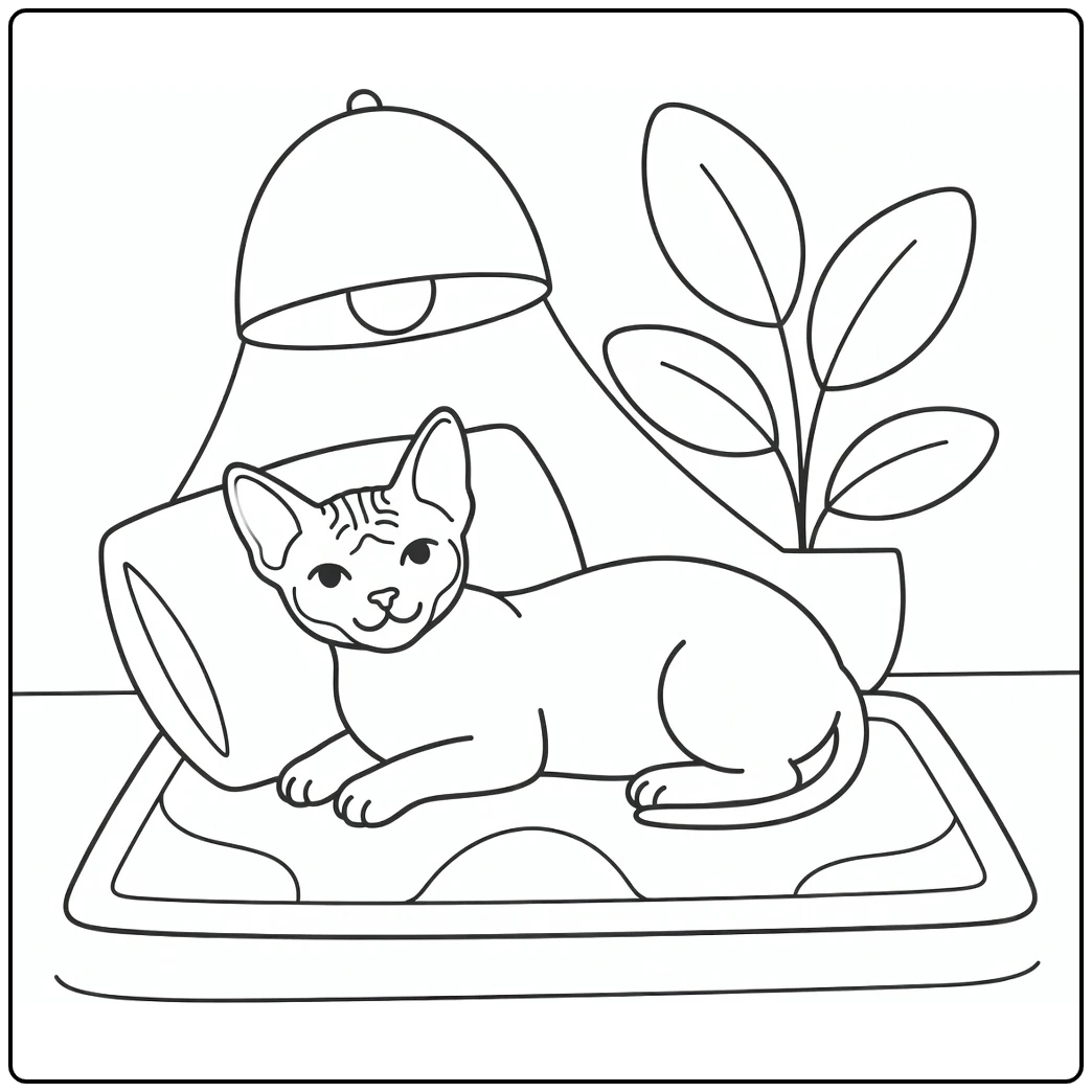 Relaxed hairless cat under lamp on mat - hairless cat coloring pages