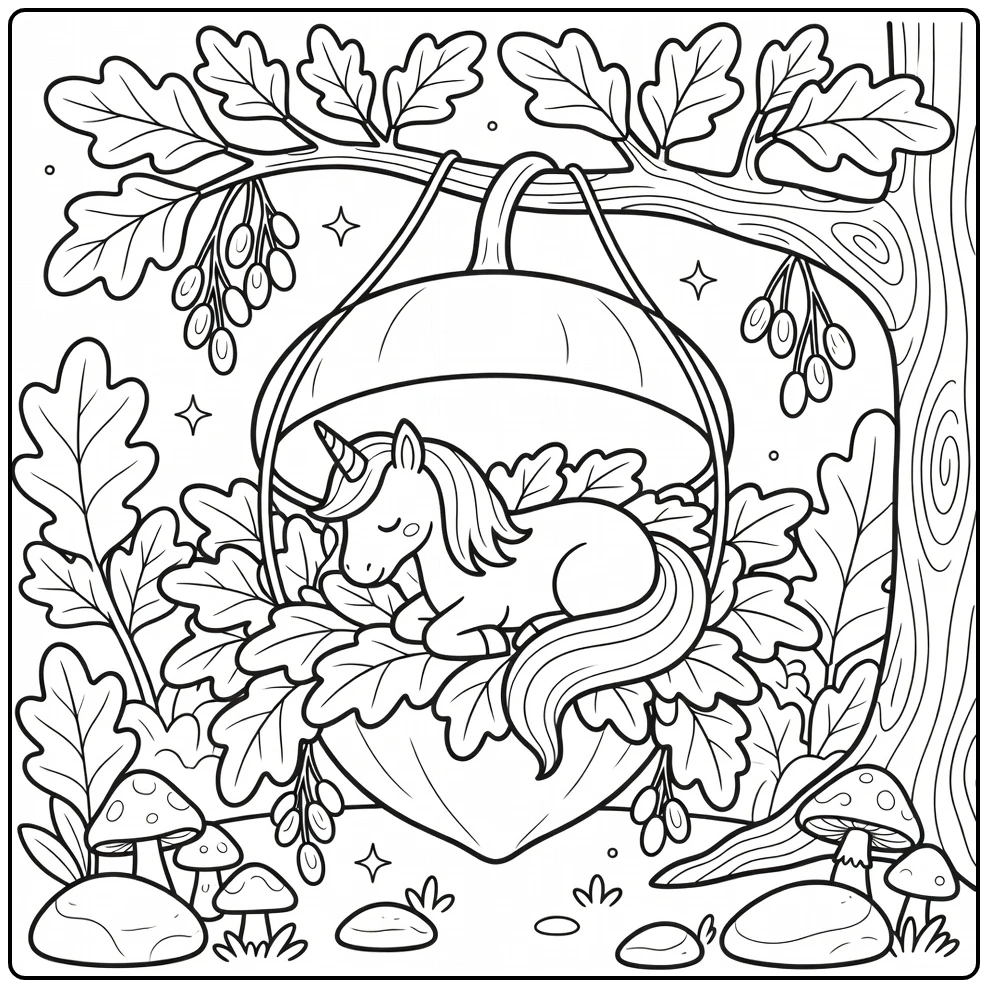 Lying unicorn coloring page in giant acorn cap cradle