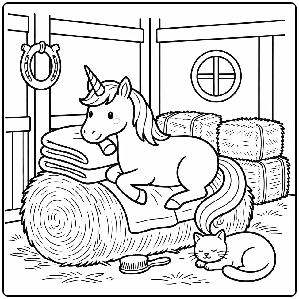 Lying unicorn coloring page resting on hay bale in stable