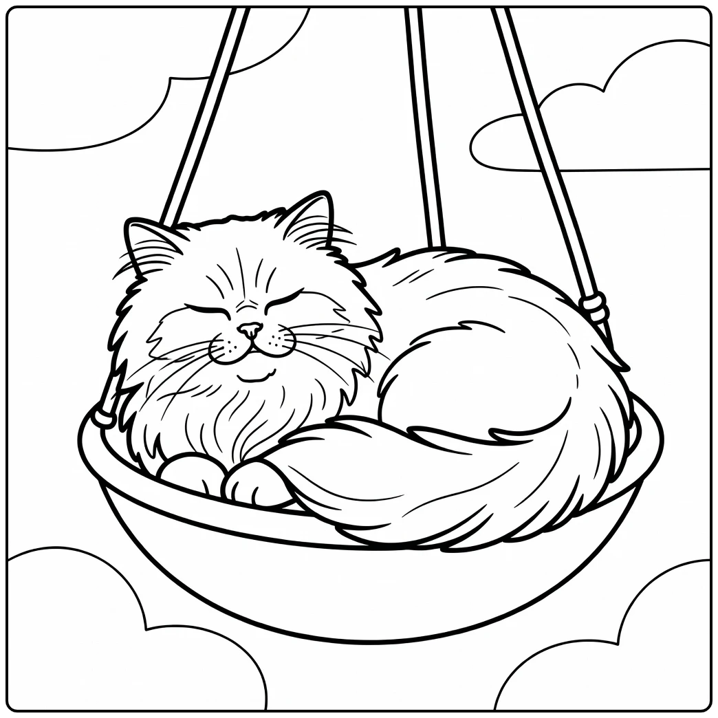 Sleepy Persian cat in hanging basket swing, persian cat coloring pages