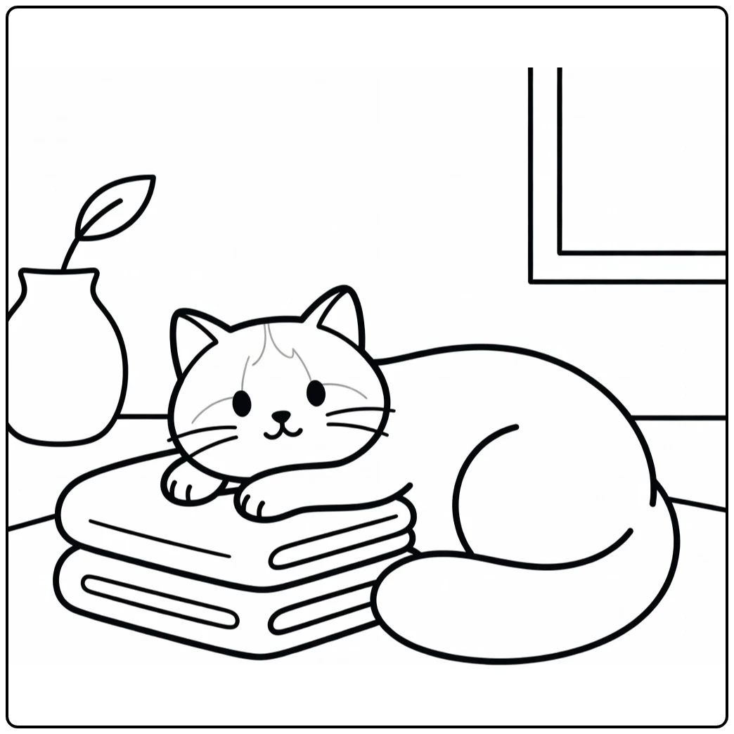Ragdoll cat coloring pages: gentle cat on towel stack