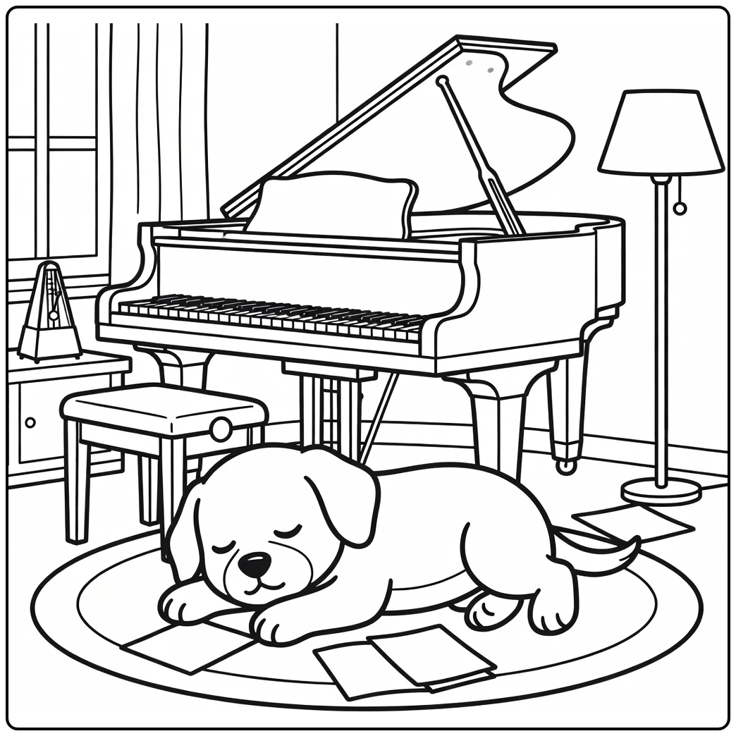 sleeping Dog coloring pages: pup napping under grand piano