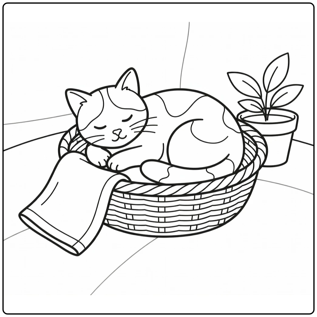 Sleepy calico cat curled in basket calico cat coloring pages