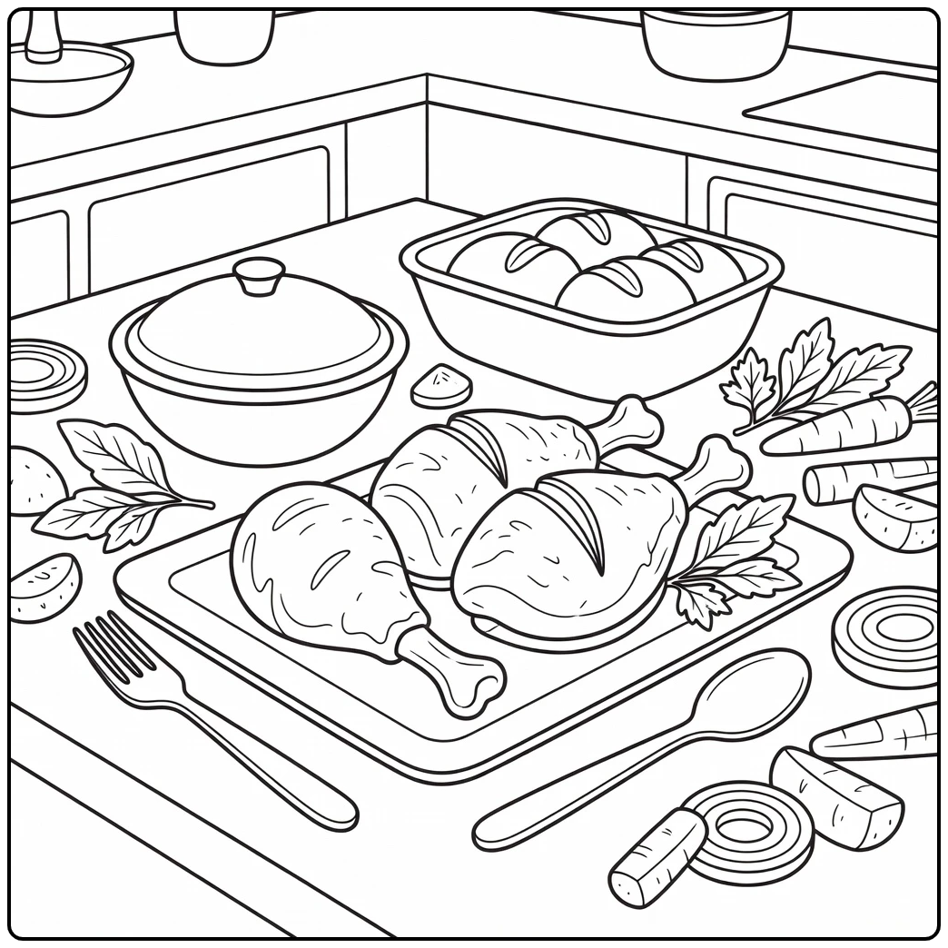 turkey dinner coloring page with drumsticks and platter