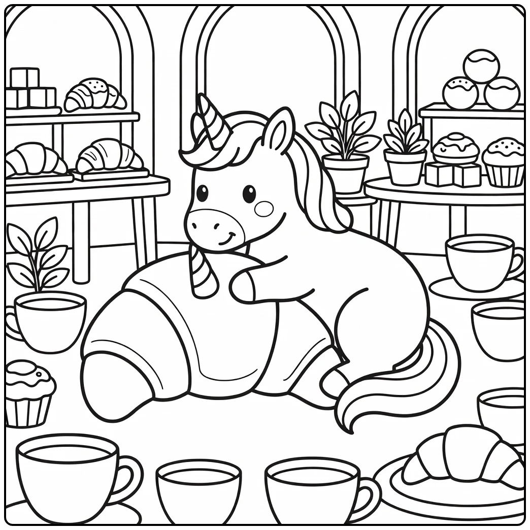 Unicorn food coloring page: unicorn napping on croissant pillow