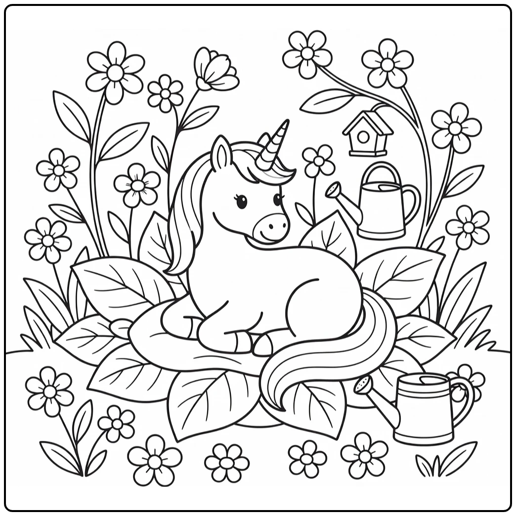Curled unicorn on giant leaves in meadow nook unicorn coloring pages
