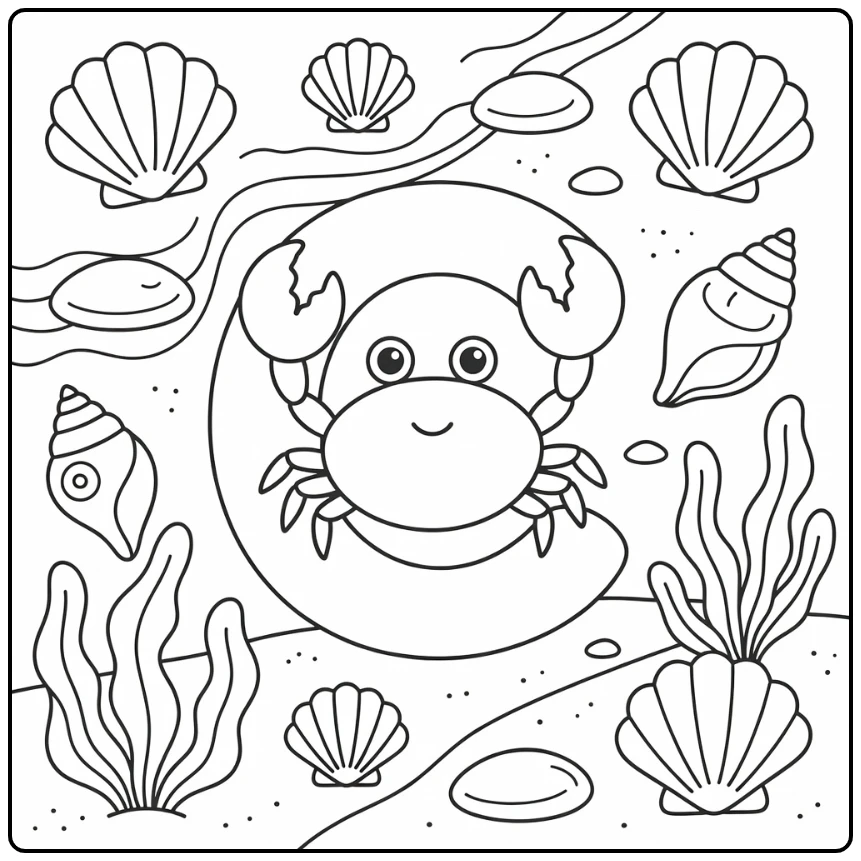 Crab forming C animal alphabet coloring page on shore