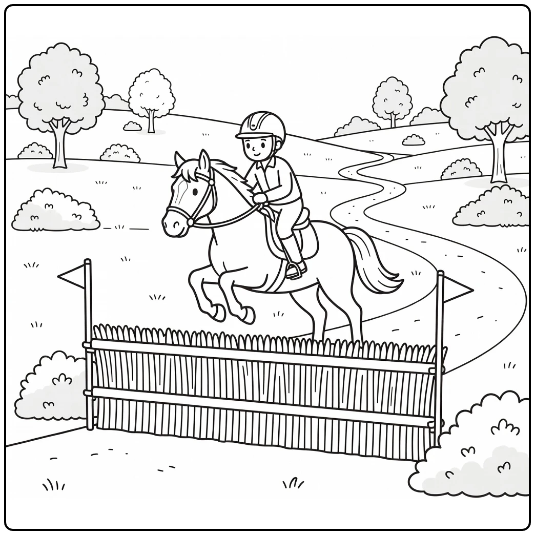 Cross country jumping horse coloring page in action