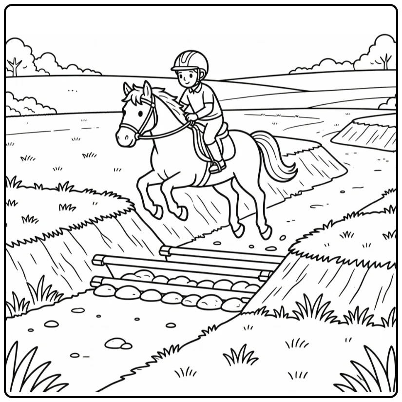 Cross country jumping horse coloring page with balanced rider