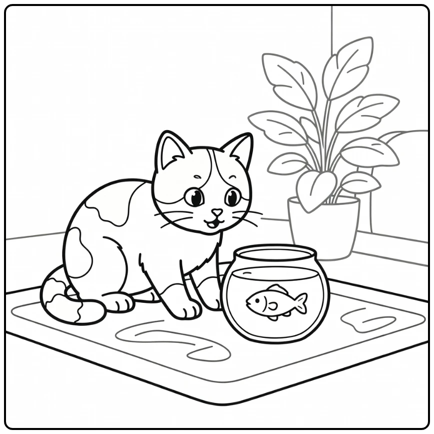 Calico cat watches fish in bowl - calico cat coloring pages