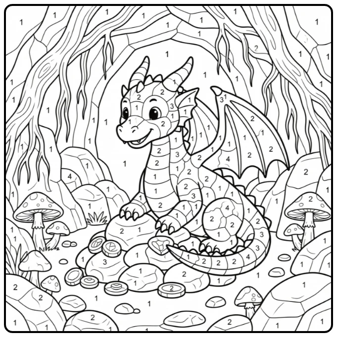 Numbered dragon guards crystals in cavern dragon color by number coloring page