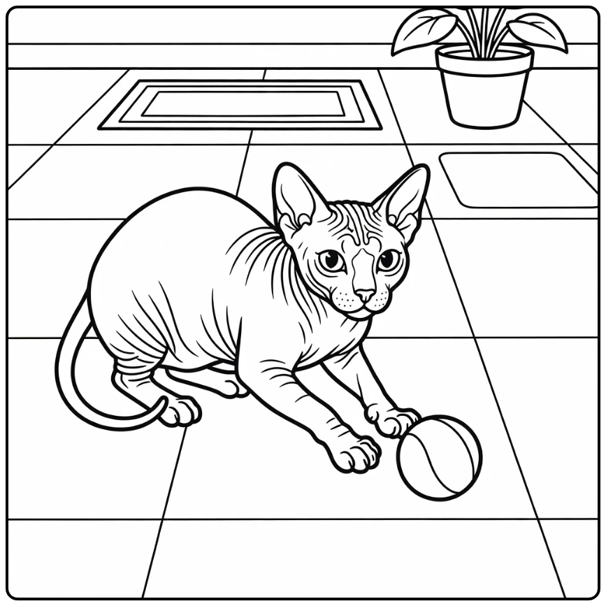 Playful hairless cat coloring pages batting ball on tiled floor