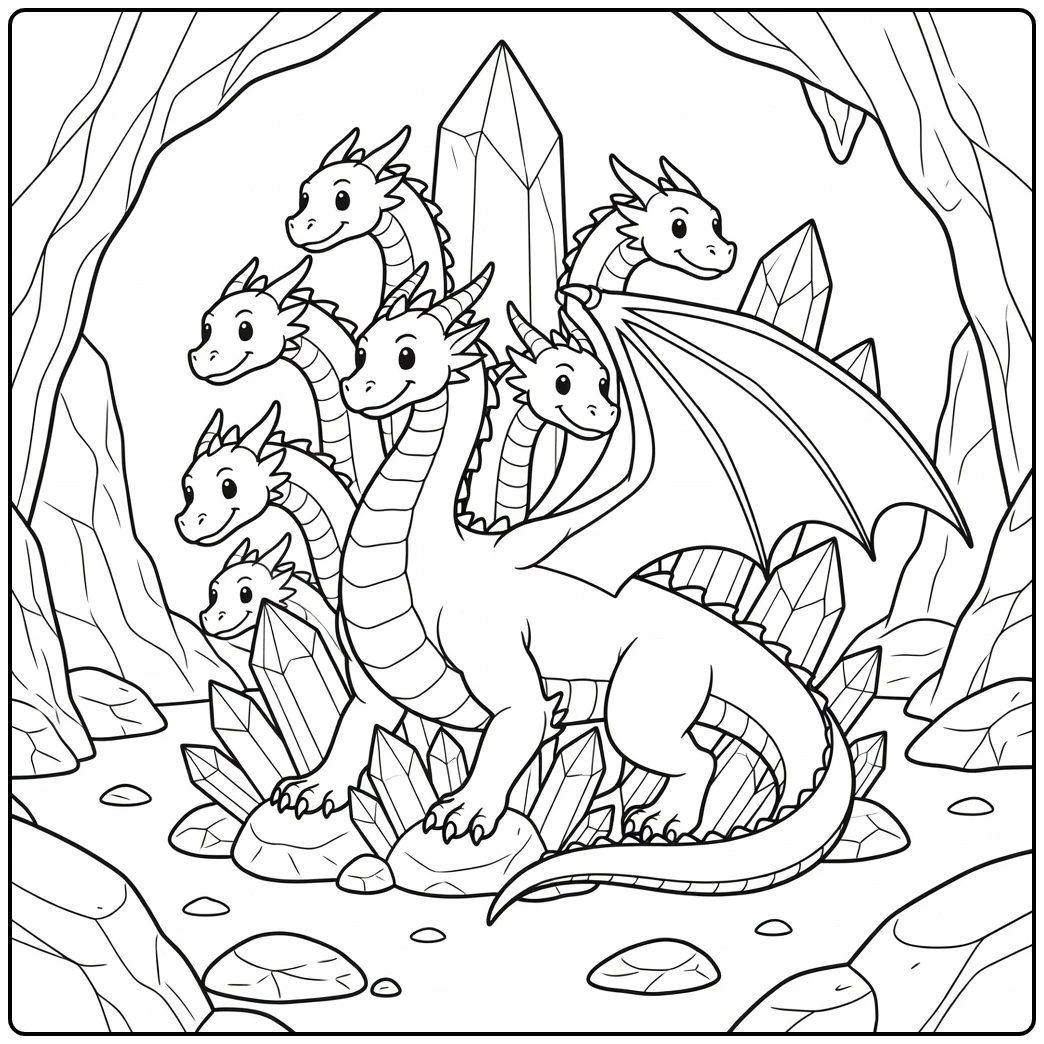 Hydra dragon coloring page: 7 heads in crystal cavern, weaving rocks