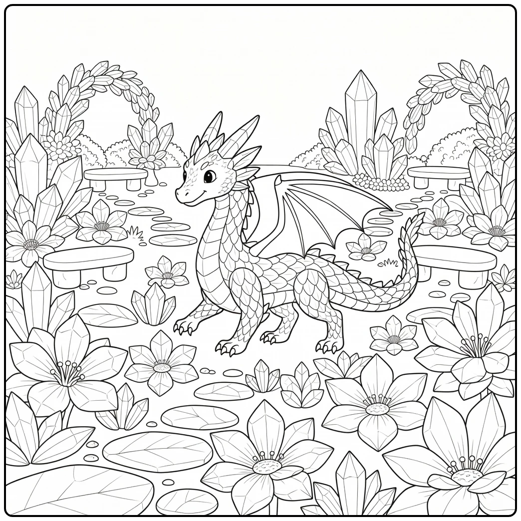Crystal dragon coloring page in crystal flower garden