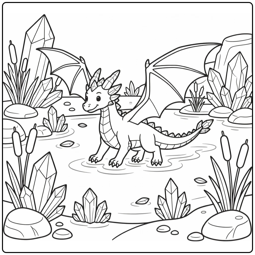 Crystal dragon coloring page gliding over mineral lagoon