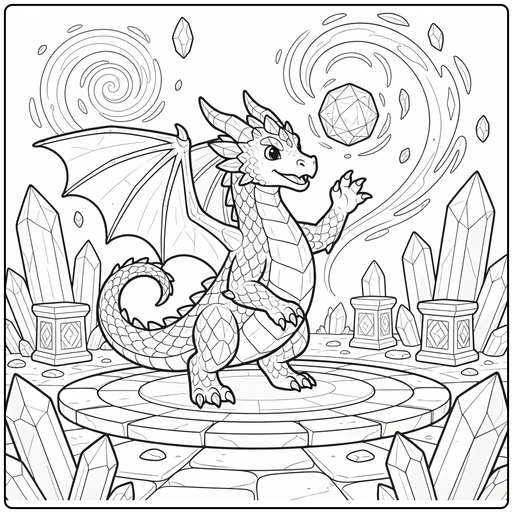 Crystal dragon coloring page reaching for floating orb