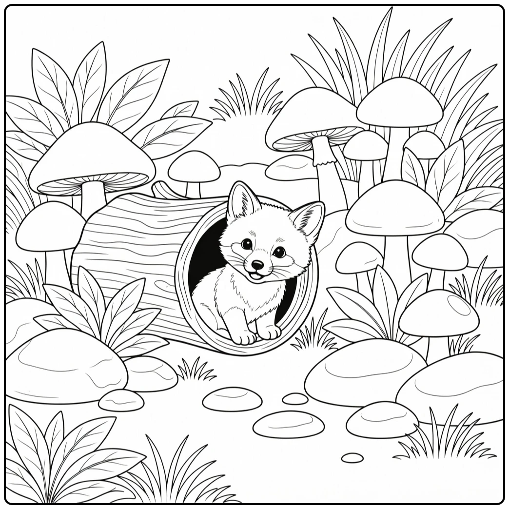 Realistic cute animal coloring page: baby fox peeks from log