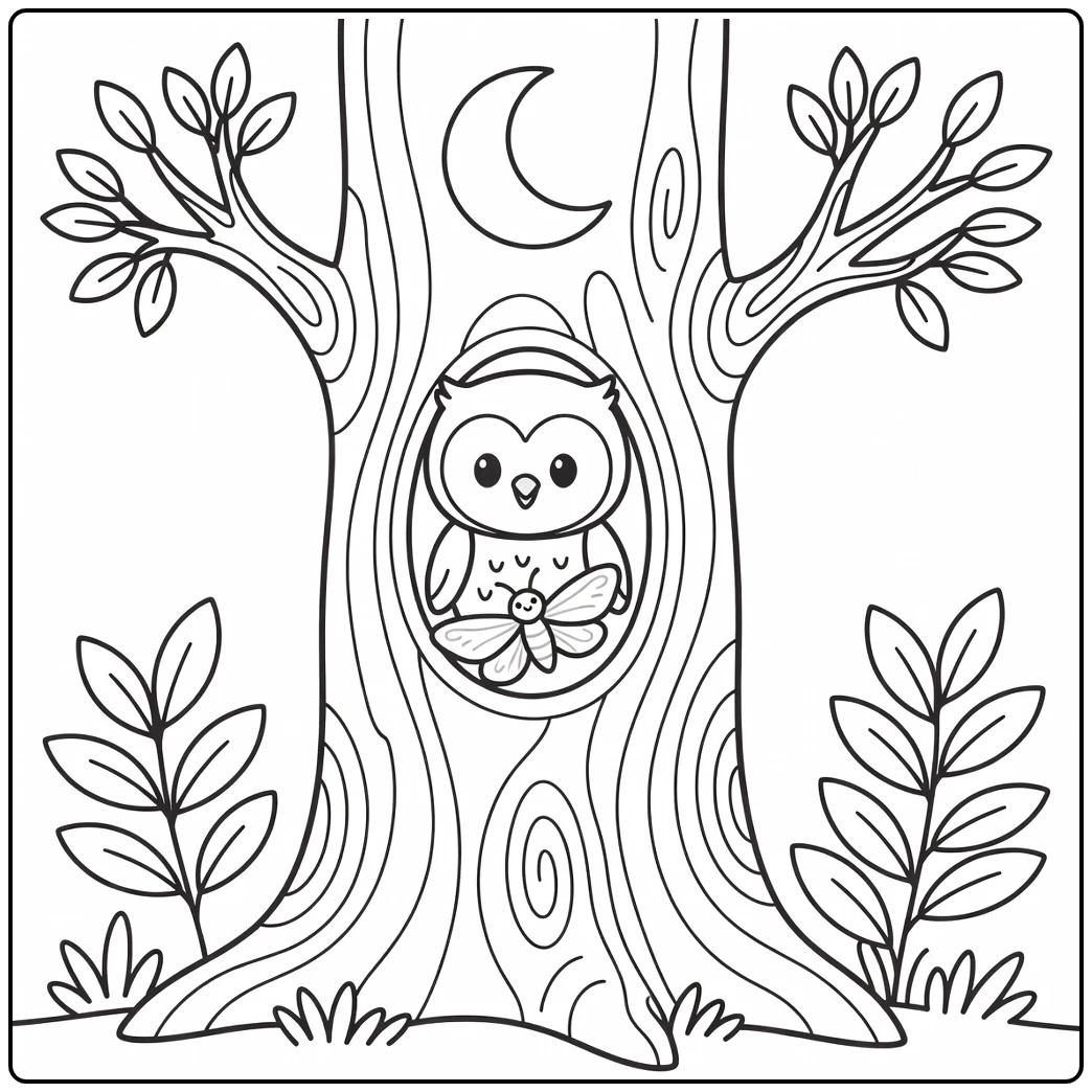 Baby owl chick peeks at moth from nest, baby animal coloring pages