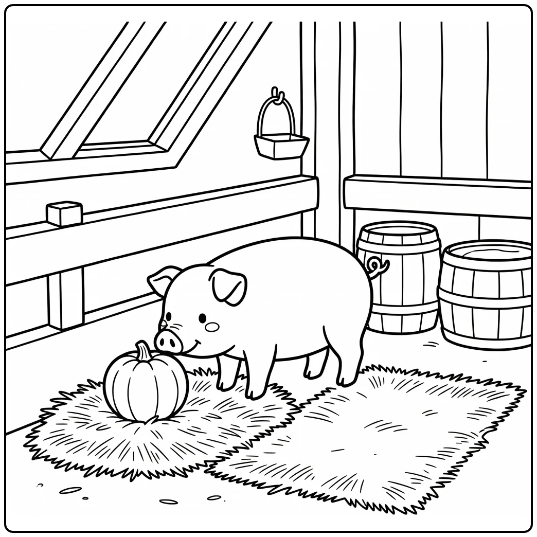 Pig sniffing squash by barn rail - barn animal coloring page