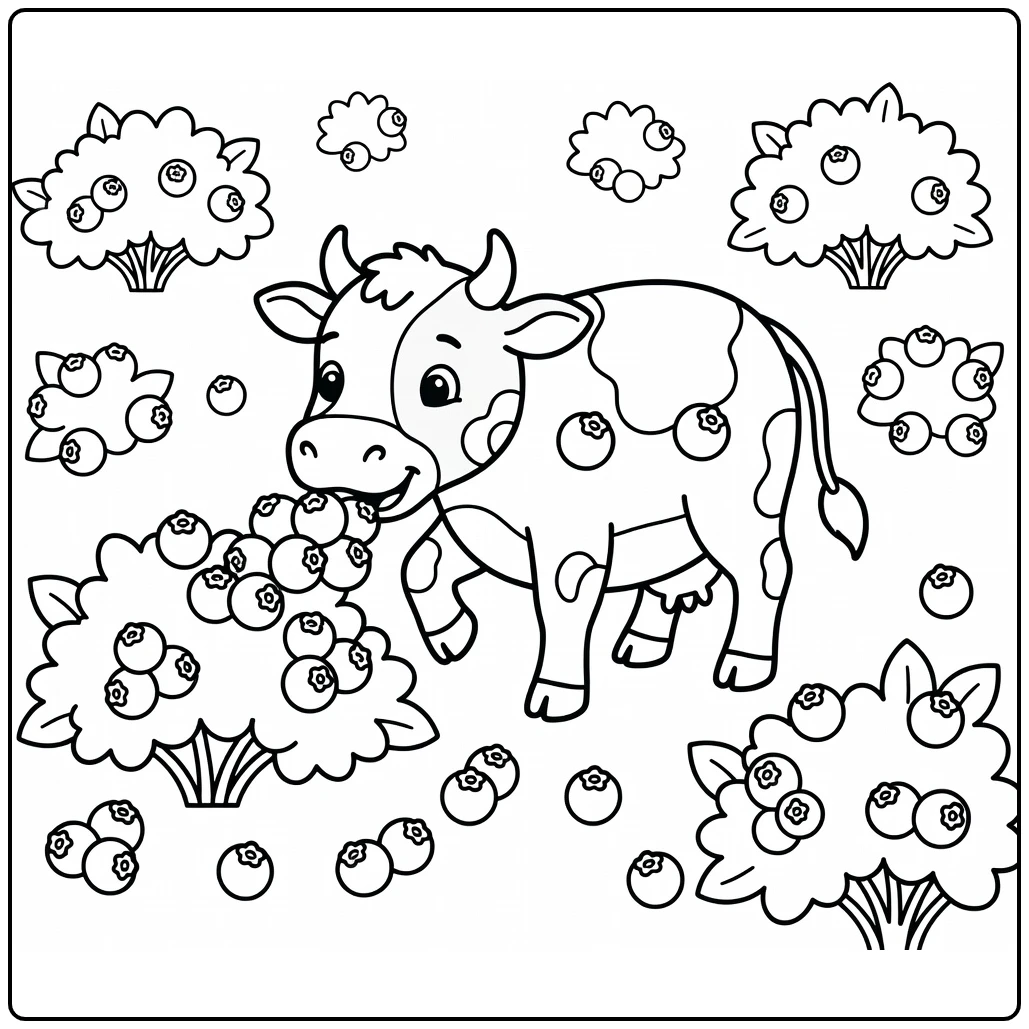 Adorable blueberry cow picking blueberries coloring pages