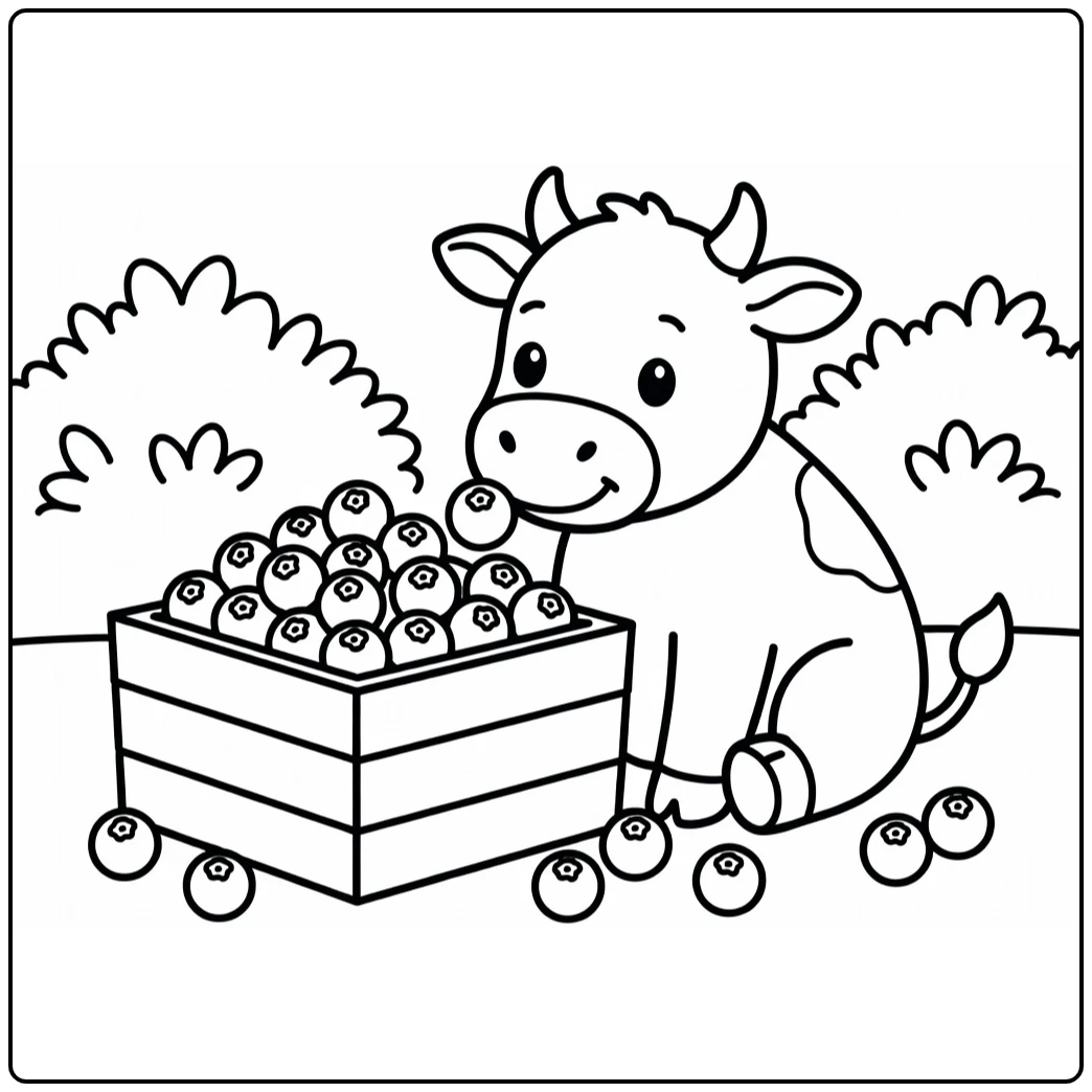 Blueberry cow nudges berry from crate in blueberry cow coloring pages