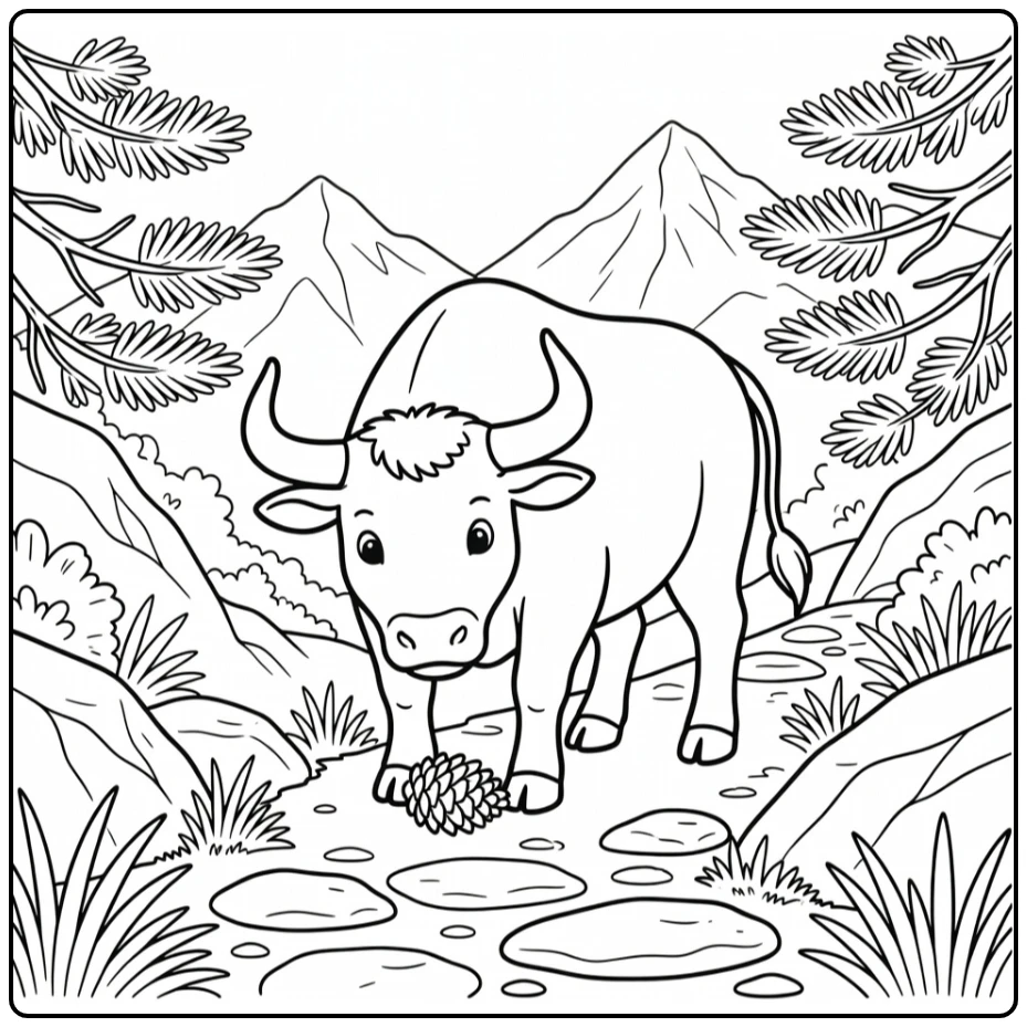 Bull coloring pages: bull inspecting pinecone on mountain trail
