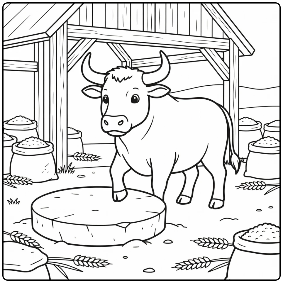 Bull testing millstone by barn, bull coloring pages
