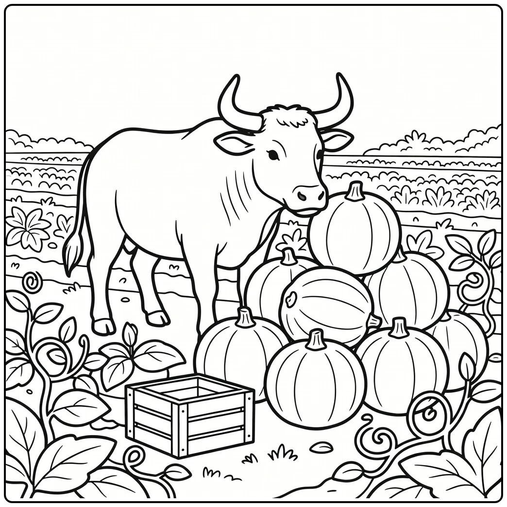 Bull sniffing gourd pile in garden field bull coloring pages